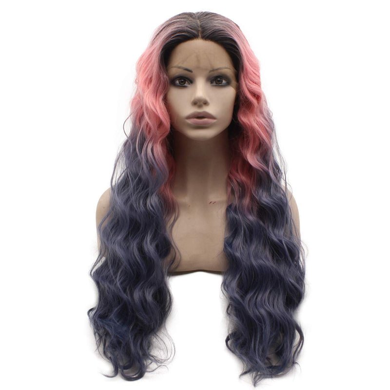 Long Dark Roots Pink Gray Ombre Cosplay Wig - Heat Friendly Lace Front