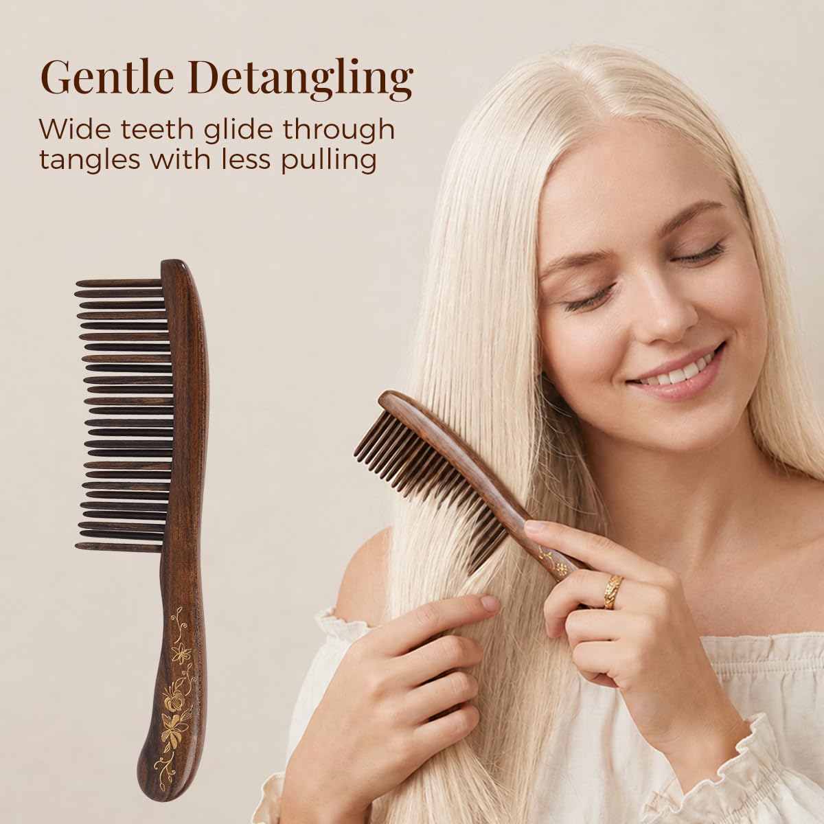 TAN MUJIANG Handmade Wooden Wide Tooth Comb for Curly Hair, Anti Static Detangling Hair Comb, Natural Wood Scalp Massage Comb for Thick, Long & Wavy Hair, 7.07 x 1.78 in
