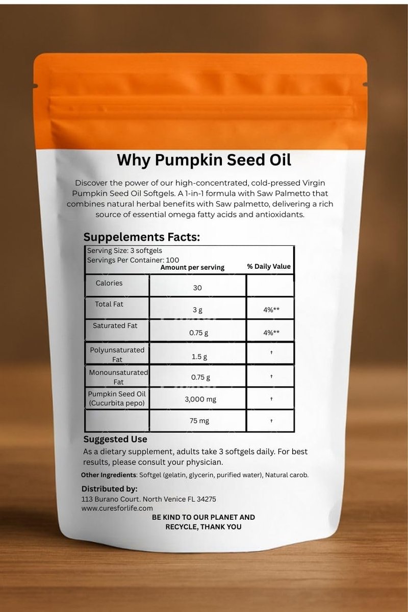 Cures For Life Pumpkin Seed Oil with Saw Palmetto – 3000mg Per Serving, 300 Softgels | Cold Pressed Virgin Oil | Supports Prostate, Bladder, Urinary & Hair Health | Non-GMO