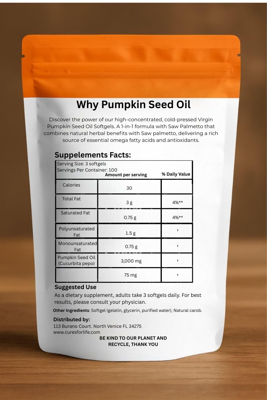 Cures For Life Pumpkin Seed Oil with Saw Palmetto – 3000mg Per Serving, 300 Softgels | Cold Pressed Virgin Oil | Supports Prostate, Bladder, Urinary & Hair Health | Non-GMO