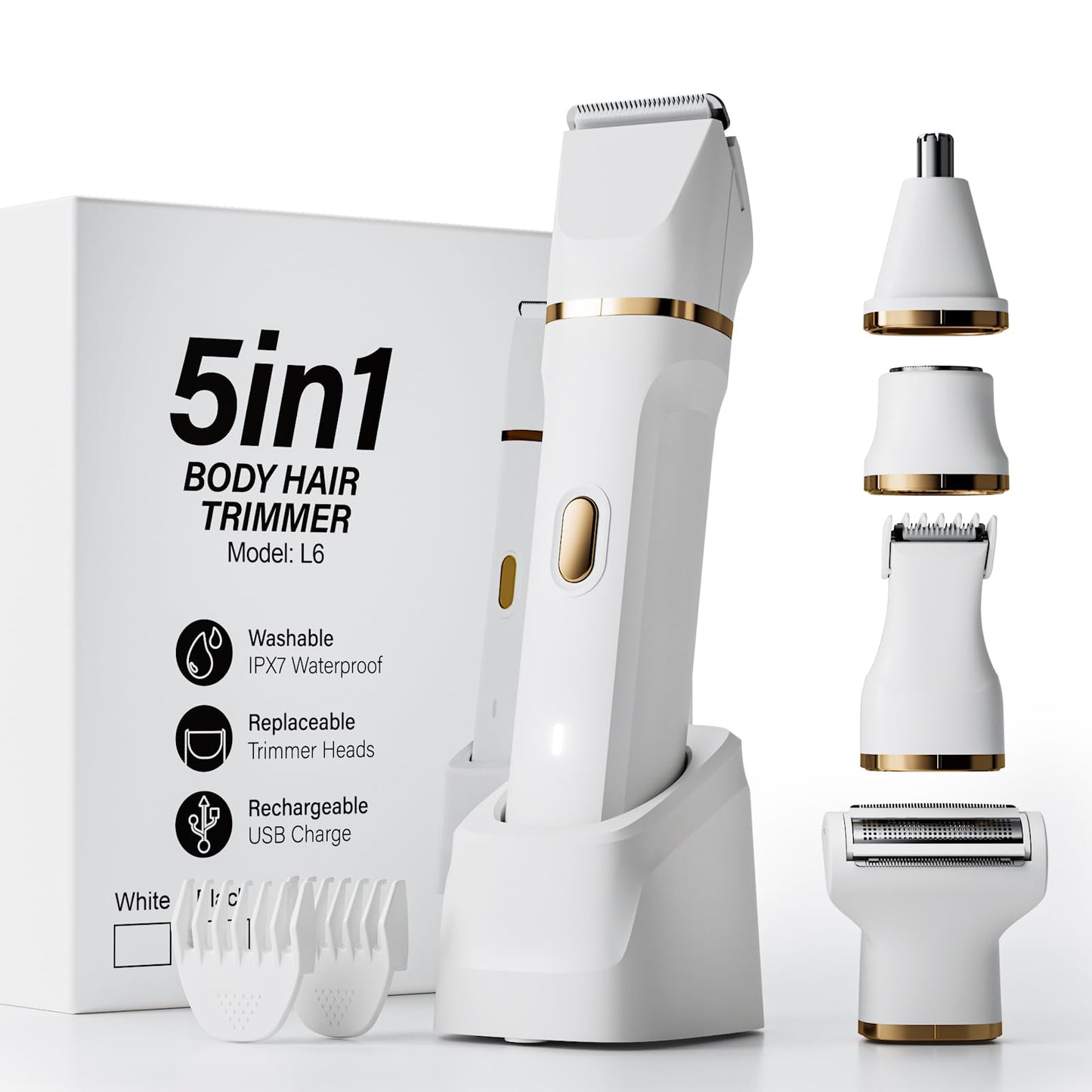 Electric Razors for Women, Valentines Day Gifts 5-in-1 Wet/Dry Bikini Trimmer with USB Charge Dock, Deluxe Facial Hair Removal, Wet/Dry Body Shaver for Nose Eyebrows Beard Underarm Leg Arm (White)