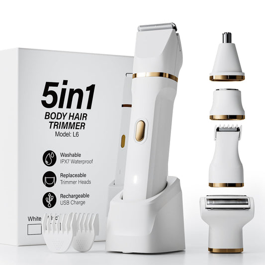 Electric Razors for Women, Valentines Day Gifts 5-in-1 Wet/Dry Bikini Trimmer with USB Charge Dock, Deluxe Facial Hair Removal, Wet/Dry Body Shaver for Nose Eyebrows Beard Underarm Leg Arm (White)