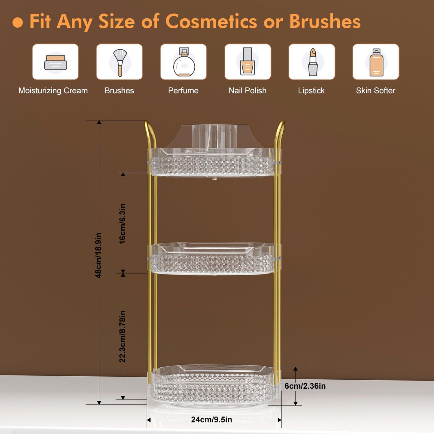 Awenia Rotating Makeup Organizer 360, Stackable Adjustable Large Capacity Cosmetic Storage Unit,Dresser Bathroom Kitchen Countertop Organizer with Metal Handle, Plus Size (Gem Green, 3 Tier)