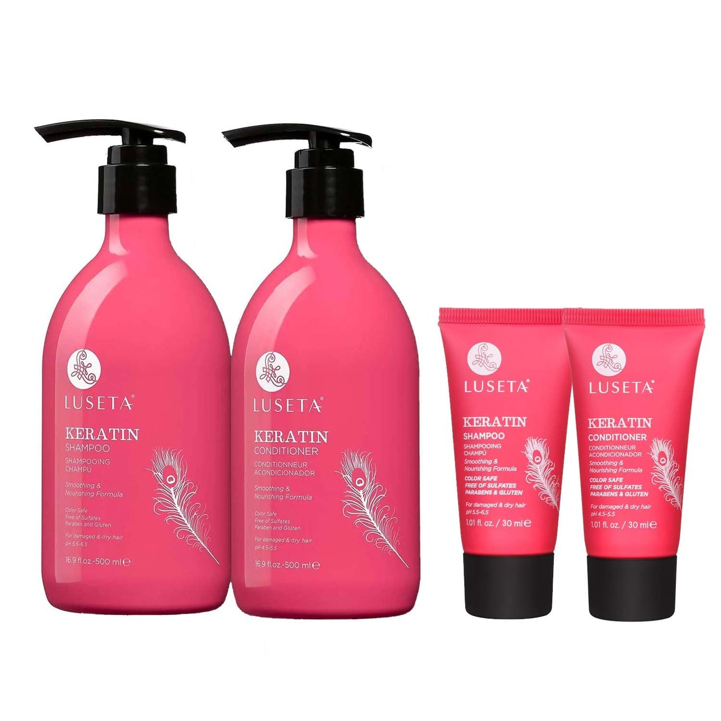 Luseta Keratin Shampoo Set - Nourishing Treatment for Color Treated Hair | Full & Travel Sizes (2x16.9 FL Oz + 2x1.01 FL Oz)