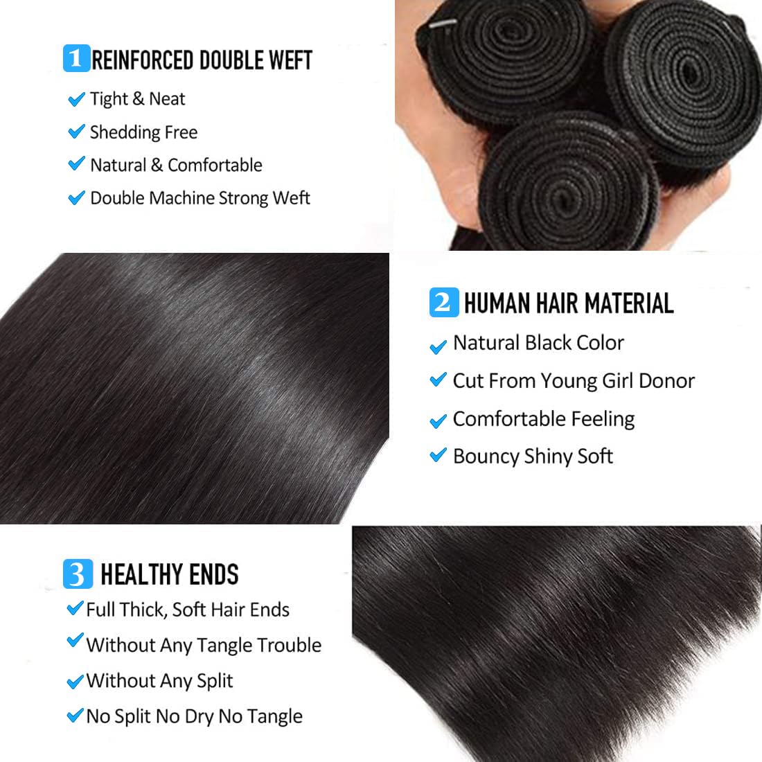 Straight Bundles Human Hair Brazilian Virgin Human Hair Bundles 12 12 12 Inch 100% Unprocessed Straight Hair Double Weft Deals Human Hair Extensions Natural Black