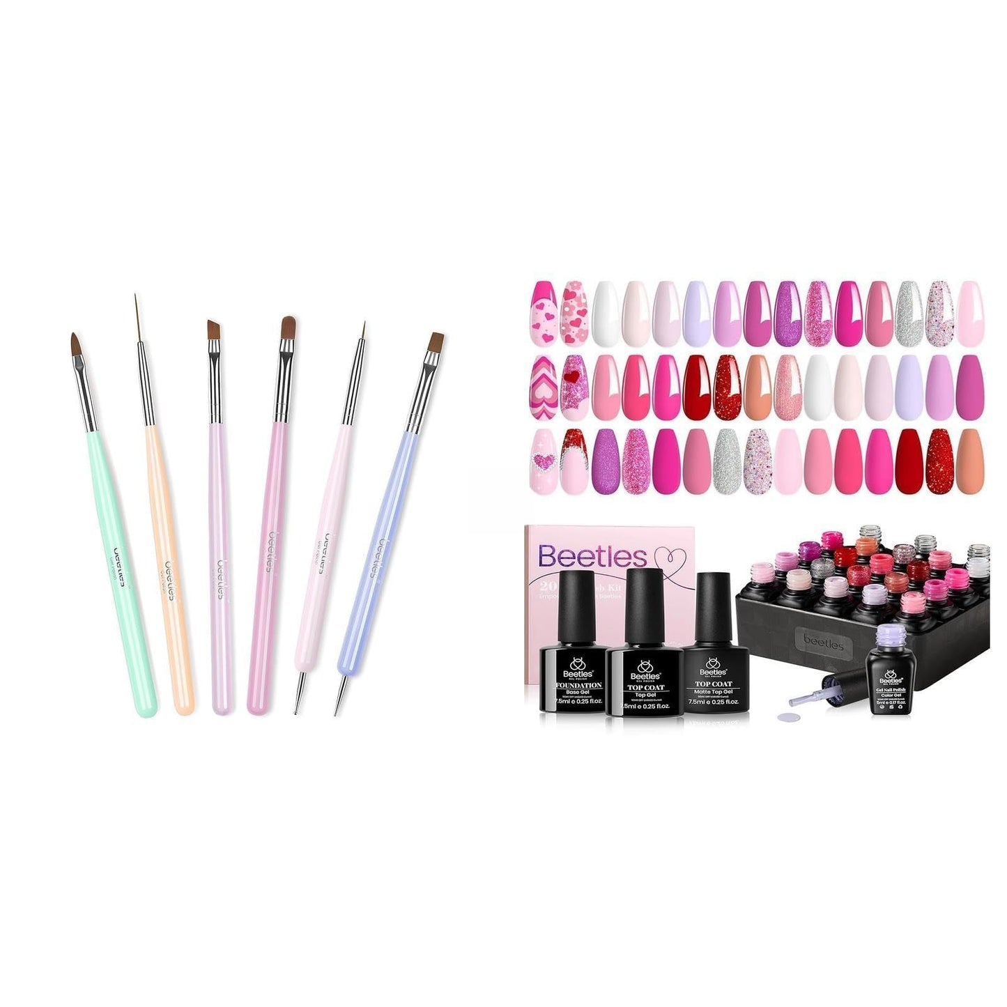 Beetles Gel Nail Polish Kit 20 Colors Nude Pink Purple Glitter Red Manicure Kit and Nail Art Brushes Set Gel Polish Nail Art Design Pen Painting Tools.