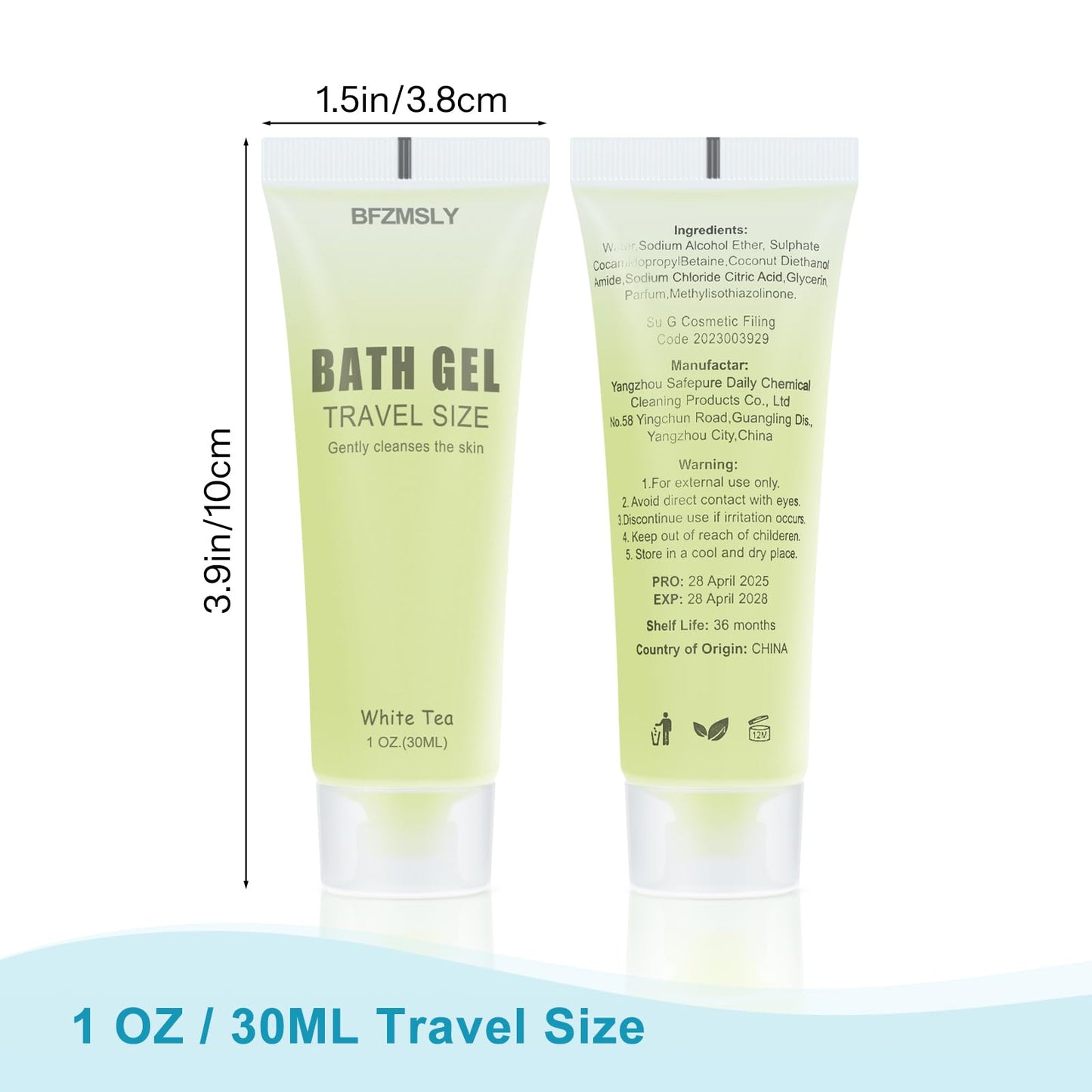 BFZMSLY 100 Pack Bulk Travel Size Body Wash, 1oz Tubes, White Tea Scent, Mini Shower Gel for Hotel Guests, TSA Approved Toiletries, Individually Sealed for Airbnb, Vacation Rentals