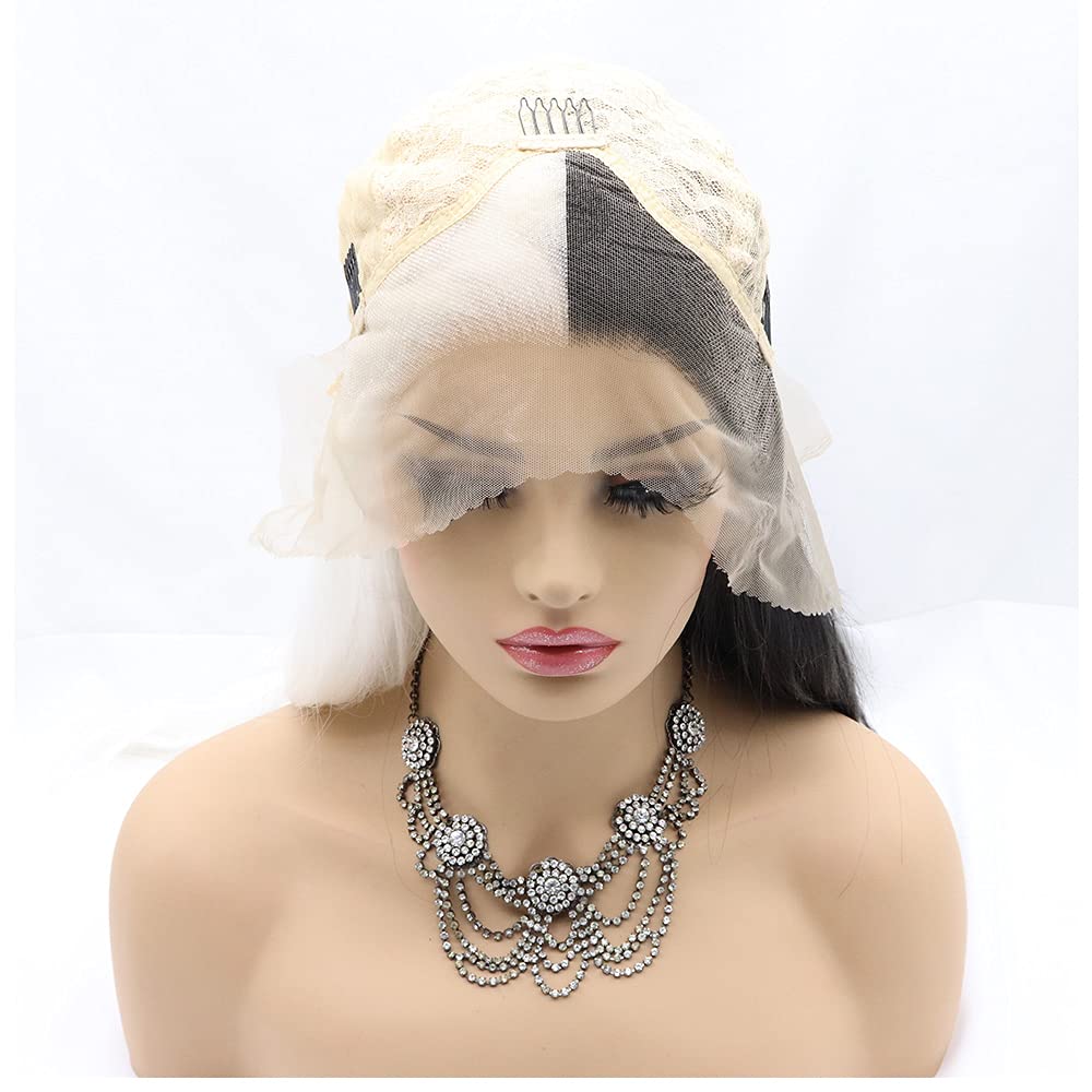 Sylvia 24inches Half Balck and Half White 2 Tones Side Parting Naural Glueless Hairstyle Heat Resistant Synthetic Lace Front wigs for Women