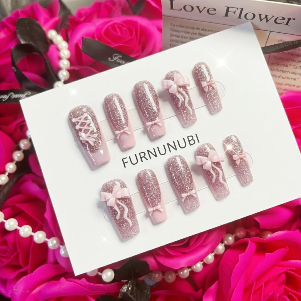 Handmade Square Press on Nails Long,Shimmery Light Pink Purple French Tip,3d Bow design,XS