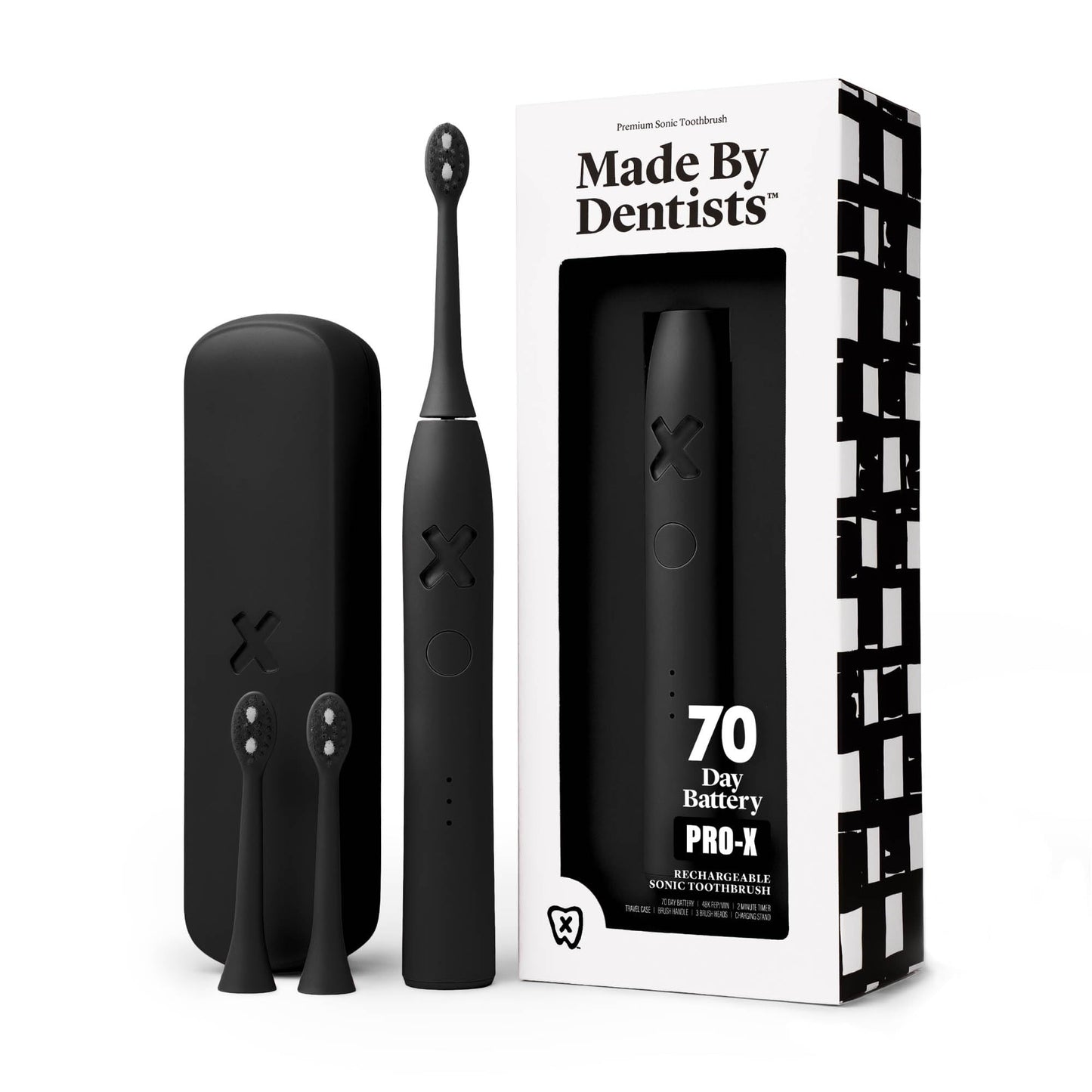 Made by Dentists PRO‑X Sonic Electric Toothbrush for Adults – 70‑Day Battery on One Charge, Dentist‑Designed Whitening Rechargeable Toothbrush, 3 Brush Heads & Travel Case, 3 Modes, Black