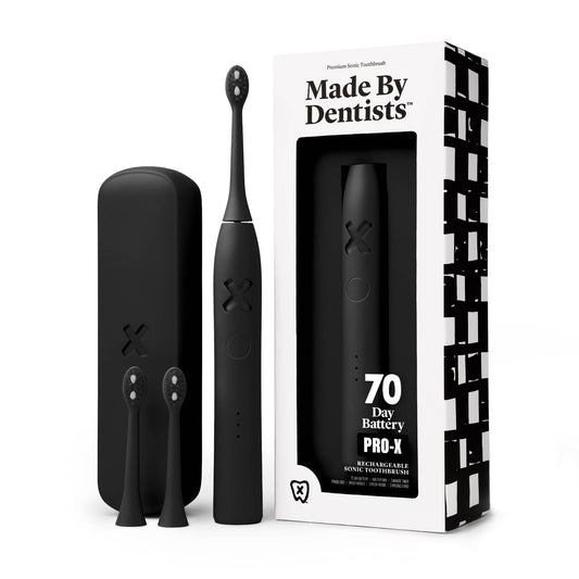 Made by Dentists PRO‑X Sonic Electric Toothbrush for Adults – 70‑Day Battery on One Charge, Dentist‑Designed Whitening Rechargeable Toothbrush, 3 Brush Heads & Travel Case, 3 Modes, Black