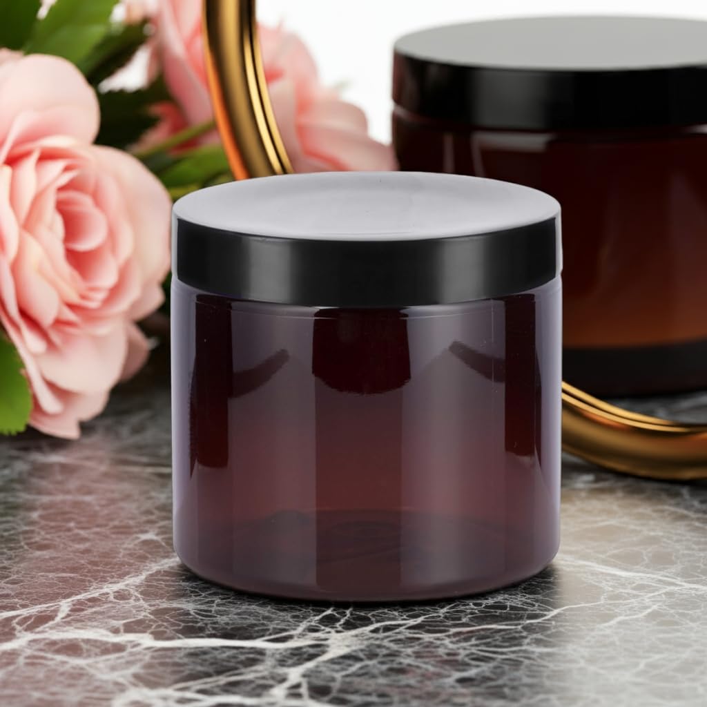 (8 Pack) 16 oz Amber Plastic Wide Mouth Jar with Black Lids