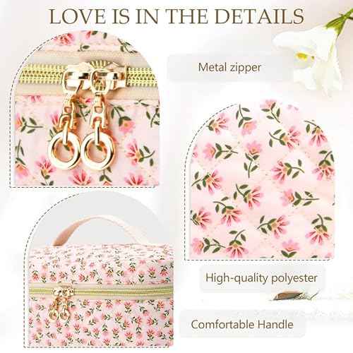 3 PCS Travel Makeup Bag Set,A-Z Initials Cotton Make up Bag Floral Quilted Cosmetic Bag for Girls and Women,Personalized Christmas Gifts,Cute Toiletry Travel Accessories Brushes Bags-E