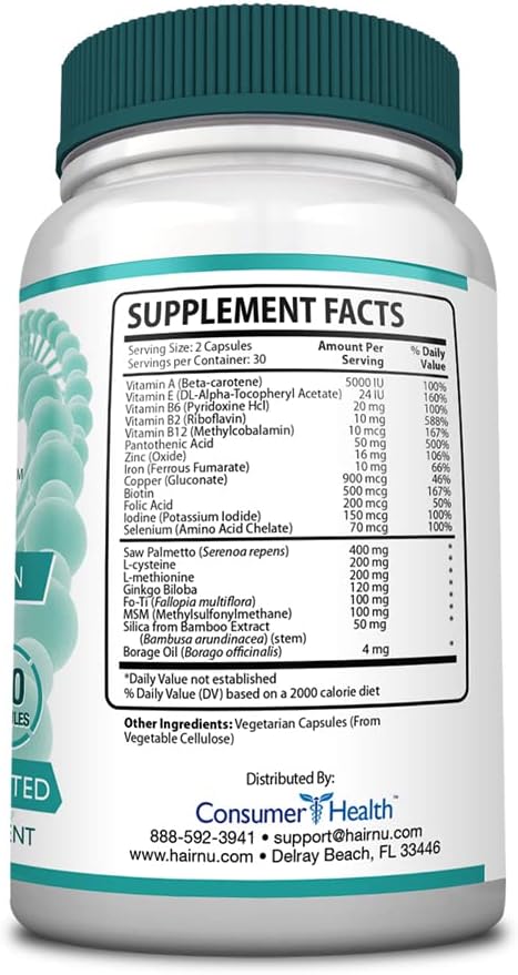 Natural Hair Growth Solution - Dietary Supplement for Thicker Hair | 60 Capsules