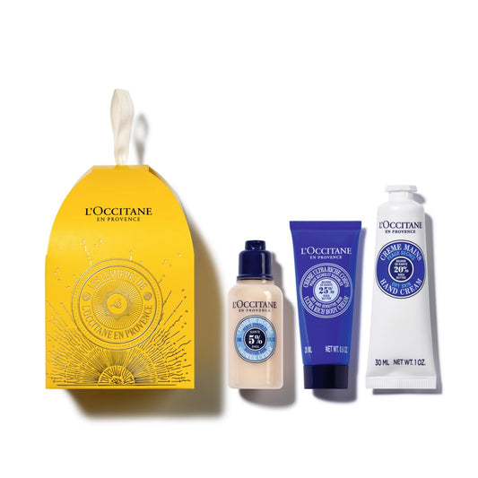 L'OCCITANE Shea Holiday Ornament Beauty Gift Set, Hydrating Self Care Travel Trio for Dry Skin, Moisturize and Cleanse Body & Hands with Cream & Soap