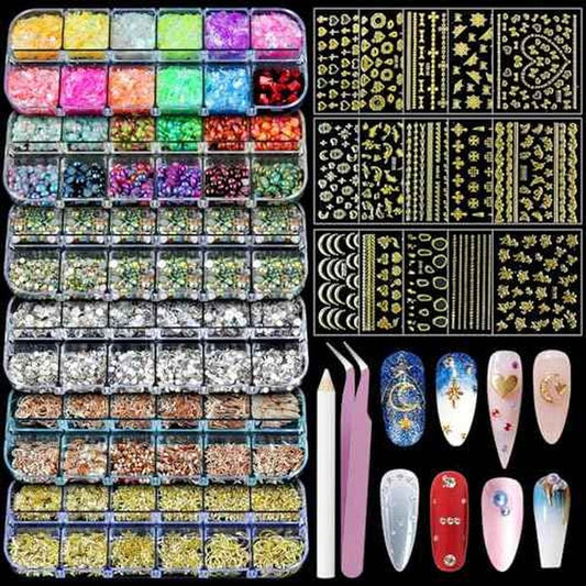Artdone Nail Art Studs Kit, 6 boxes Multicolor And Design 3D Charms Pearls With 15 Sheets Gold Nail Stickers, Diamond Cute Nail Jewels For DIY Decoration with Pickup Tools