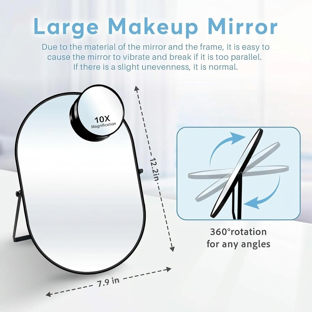 360° Adjustable Vintage Metal Framed Desk Mirror - Tabletop Vanity Mirror with 10X Magnification | Black Oval