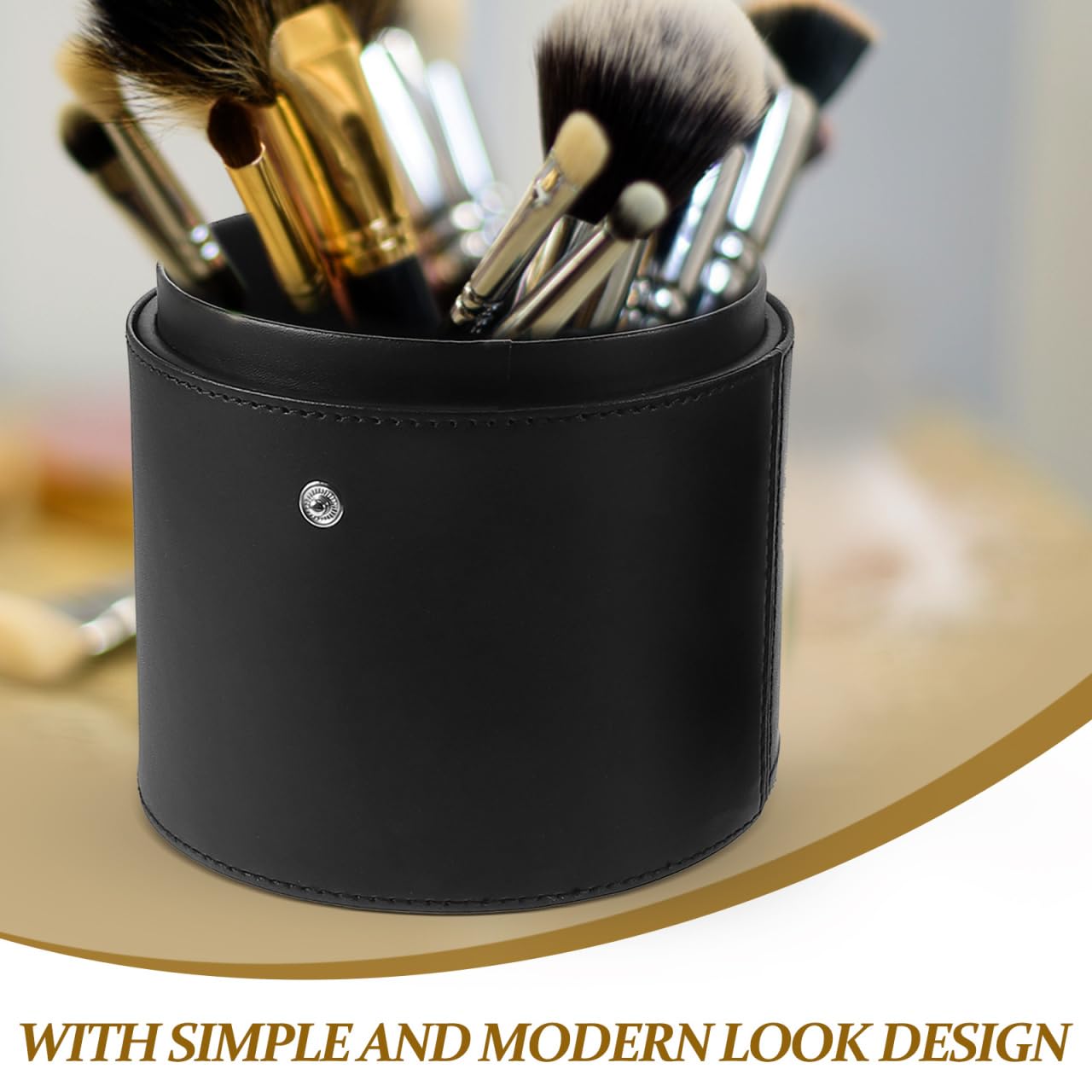 Portable Makeup Brush Holder with Lid - Elegant Pu Leather Makeup Bag Black Brush Organizer for Travel Compact Storage Bucket with Buckle Protective Lid, Easy to Clean, 7.9in X 5.19in