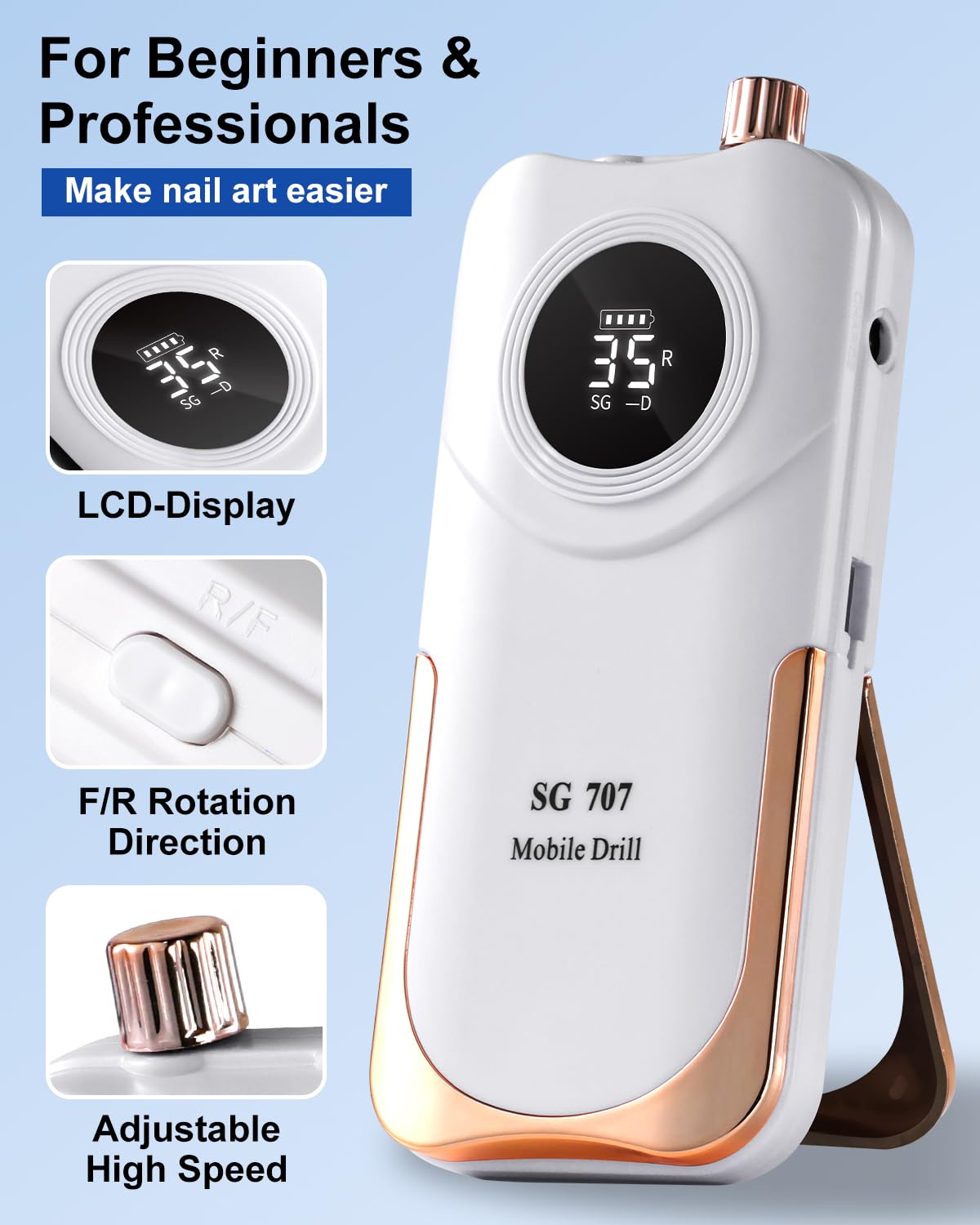 Moskany Professional Grade Electric Nail Drill Kit 35000RPM with 14PCS Bits White Portable Rechargeable Cordless File Machine for Acrylic Gel Powder Nails and Manicure Pedicure Toenail Tool Salon Set