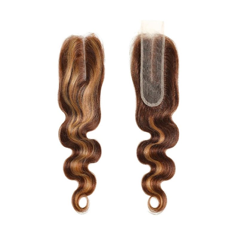 4/27 Closure Human Hair Lace Frontal Highlight Body Wave Lace Closure Brazilian P4/27 2 By 6 Lace Frontal HD Transparent Deep Free Side Part Kim K With Baby Hair Natural Hairline 14 Inch