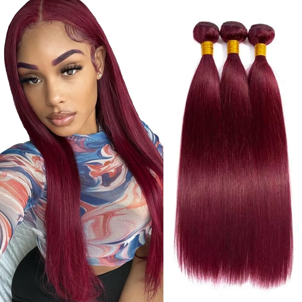 Dark Burgundy Bundles 99J Straight Human Hair 3 Bundles 14 16 18 Inch Brazilian Unprocessed Virgin Remy Burgundy Bundle Hair Extensions 150g