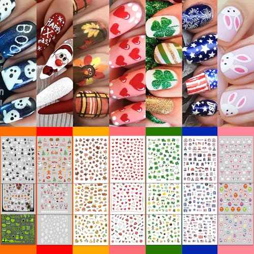 30 Sheets 7 Holiday Nail Art Stickers, Mixed Season Nail Decals Set for All Year, 3D Self-Adhesive Pegatinas U?as Easter 4th of July Halloween Thanksgiving Christmas Valentine's St. Patrick's Day