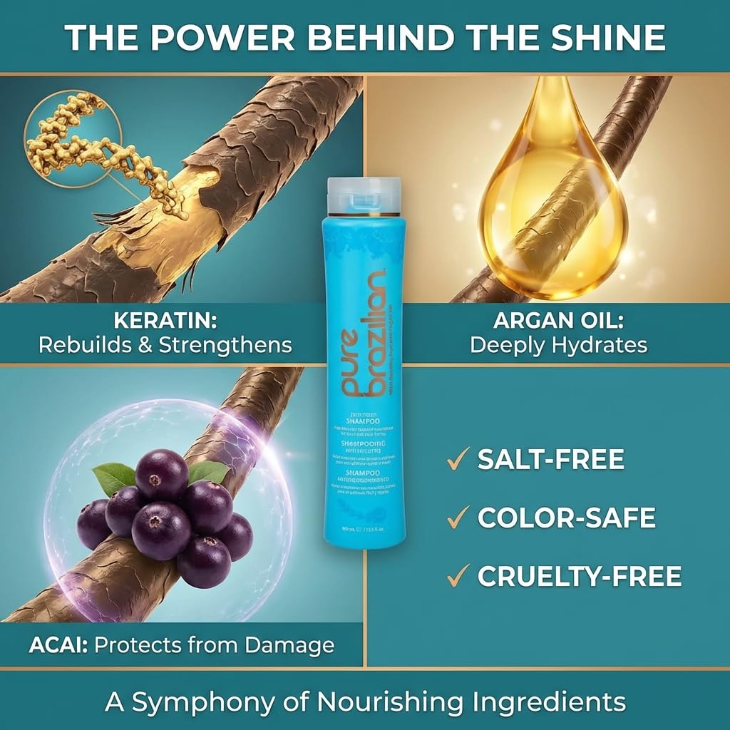 Pure Brazilian - Anti Frizz Daily Shampoo - Salt-Free, Color Safe, With Keratin, Argan Oil, and Acai to Prolong Treatment and Keep Hair Smooth For Longer