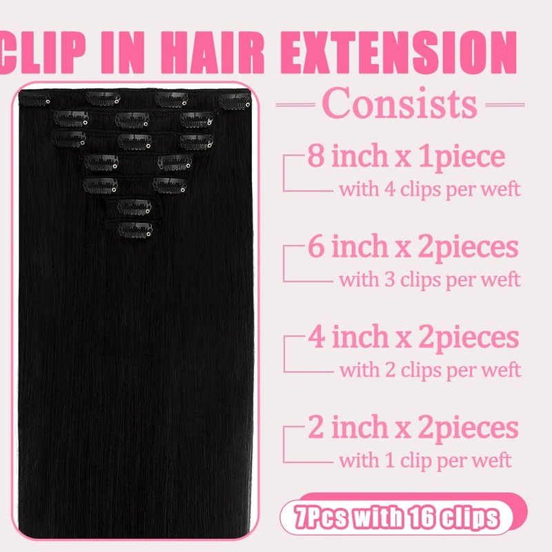 Clip In Hair Extensions - 18 Inch Straight Real Human Hair, Jet Black | 7Pcs, 95g Double Weft