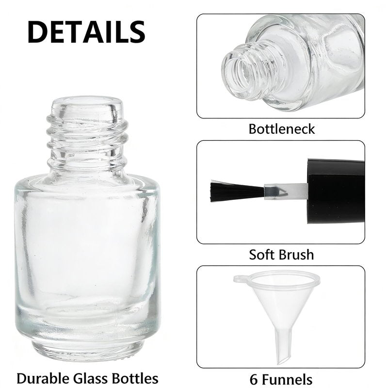 ZENFUN 50 Pack 5 ml Empty Nail Polish Bottles with Brush Cap, Clear Nail Polish Containers with 6 Funnel in Bulk, Glass Refillable Nail Bottles, Empty Fingernail Polish Bottle for Nail Art, Samples