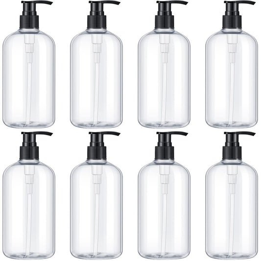 Gandeer 8 Pcs Plastic Pump Bottles Empty Lotion Bottle with Pump Refillable Dish Soap Dispenser Portable Hand Soap Dispenser Shampoo Lotion Container for Oil Liquid Soap(Clear,16 oz)