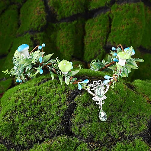 MOSTORY Cosplay Elf Crown V-shape Crystal Headband Woodland Forest Headpiece Mushroom Flower Hair Garland for Women Girls Wedding Bridal Easter Thanksgiving Christmas Costumes Aqua Green