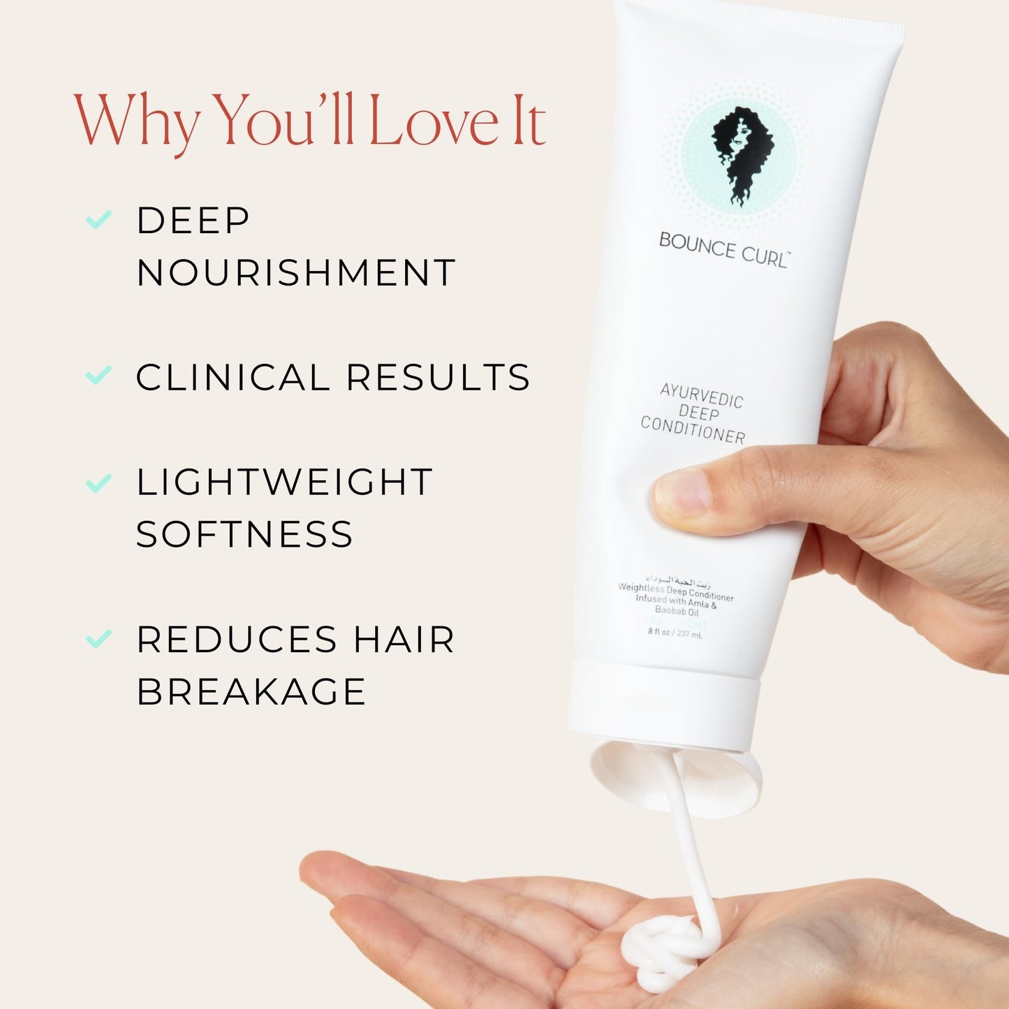 Bounce Curl Ayurvedic Deep Conditioner for Curly Wavy Coily Hair, Protein Free, Amla and Baobab Oil, Moisture and Detangling Treatment, Vegan, Silicone Free, Sulfate Free, 8 oz