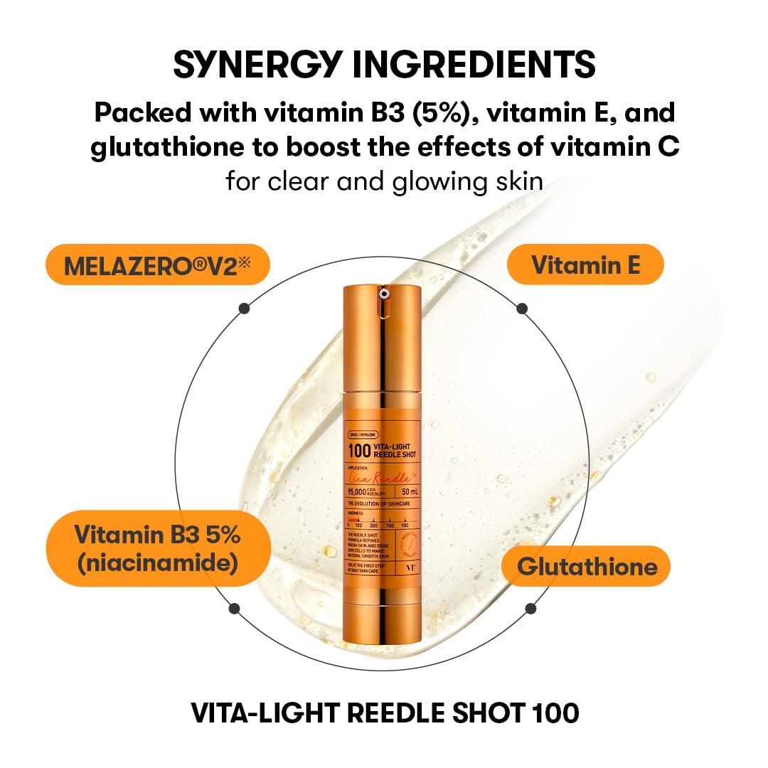 VT COSMETICS Vita-Light Reedle Shot 100 Serum with Vitamin C Capsules & Vitamin E Microneedling Formula, Korean Skin Booster, 1.69 fl oz(50ml)
