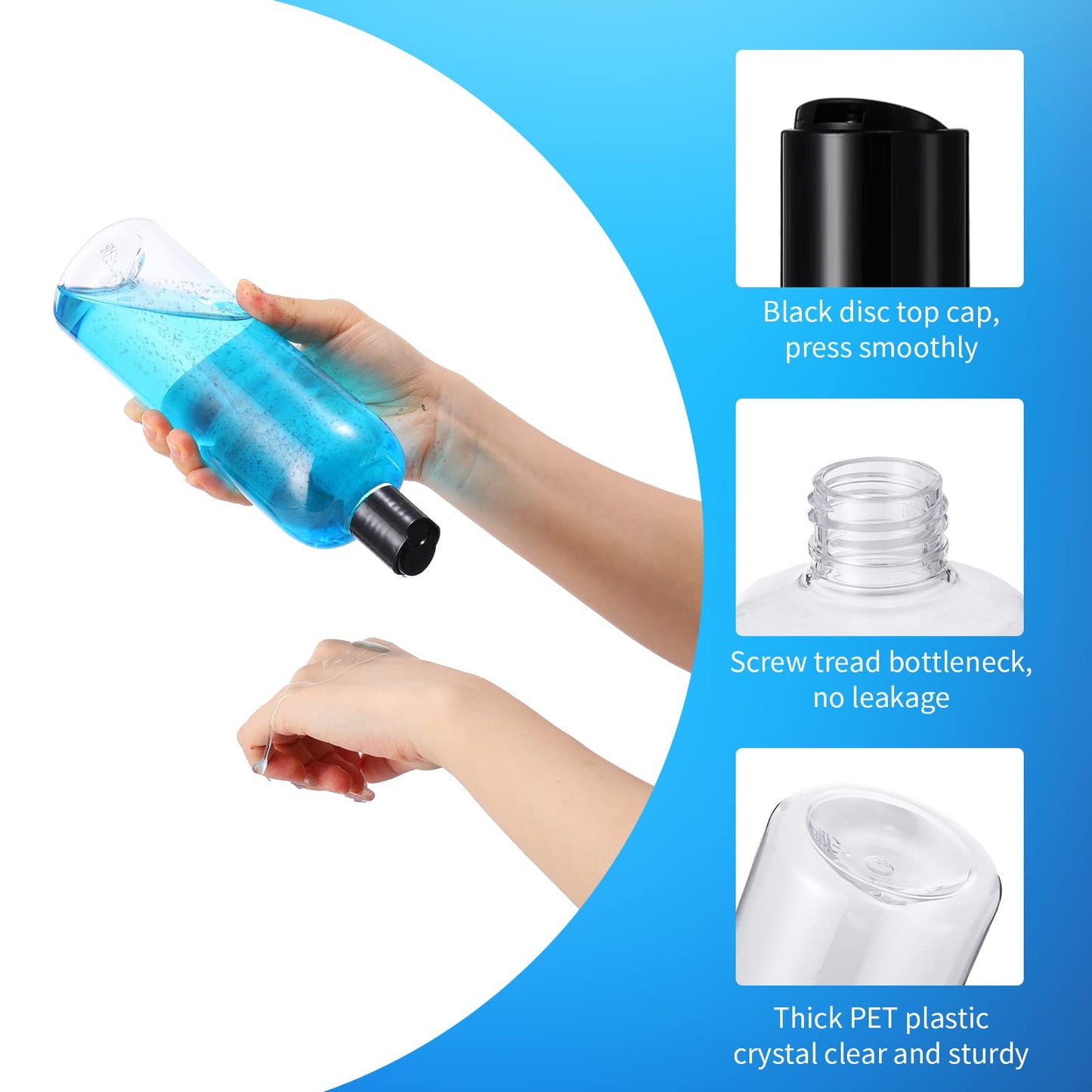 Nuenen 16 oz 24 Pcs Plastic Empty Bottles Squeeze Travel Containers with Black Disc Cap Refillable Shampoo Travel Bottles for Toiletries Lotion Container for Body Soap Cream (Clear)