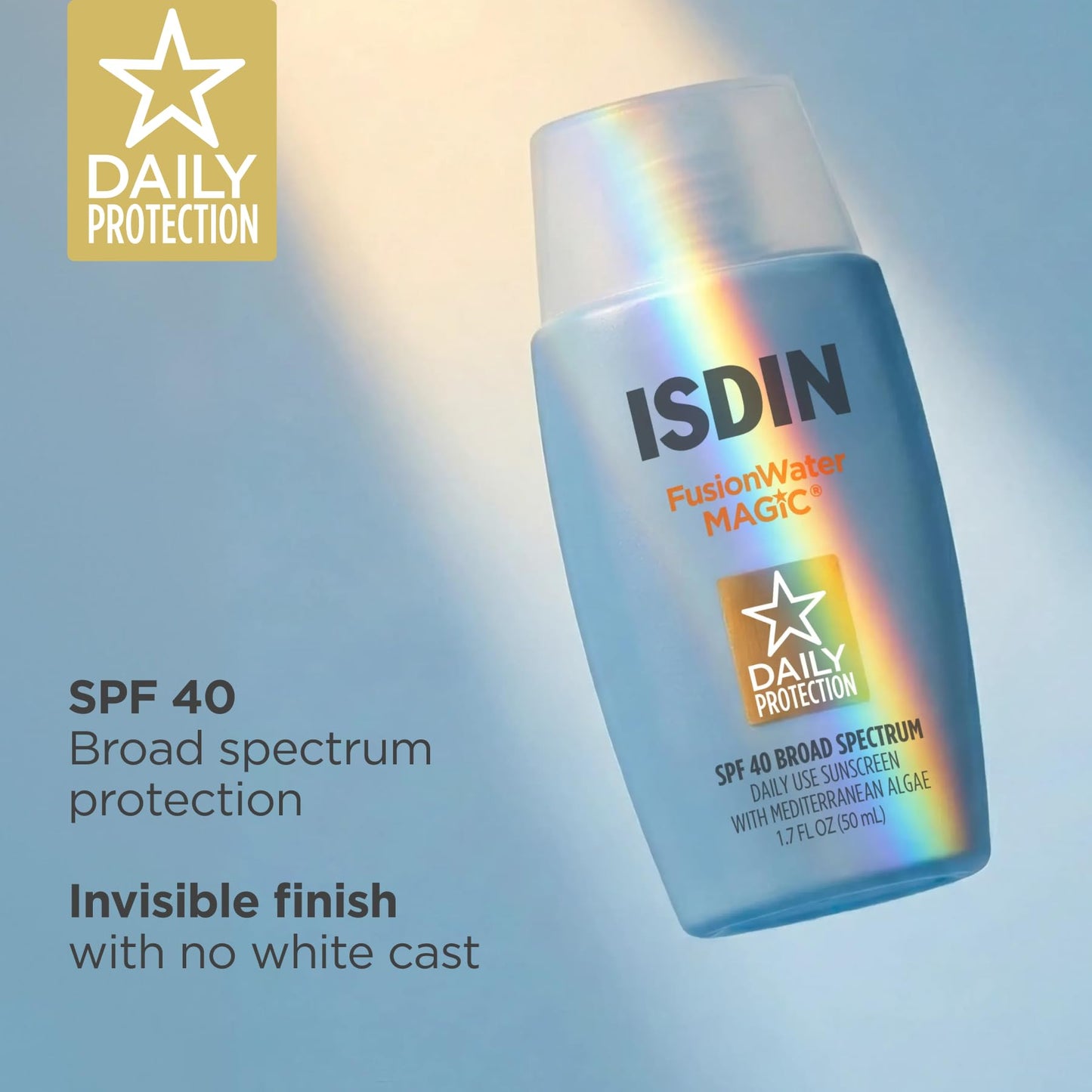 ISDIN Fusion Water MAGIC SPF 40, Lightweight Sunscreen For Face with Hyaluronic Acid and Vitamin E, Ideal for Daily Use, Dermatologist Recommended, Fast Absorbing and Non-Comedogenic