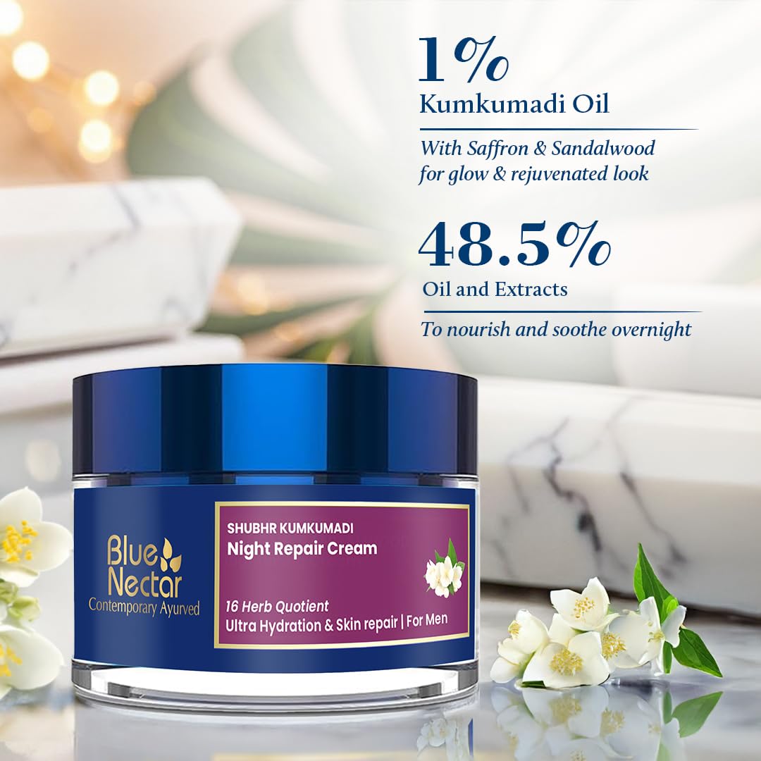 Blue Nectar Kumkumadi Night Cream with Jasmine for Deep Hydration with Kumkumadi Oil & Organic Ghee | Plant-Based Moisturizer for Smooth, Radiant and Glowing Skin (Men, 16 Herbs, 1.7 Fl oz)