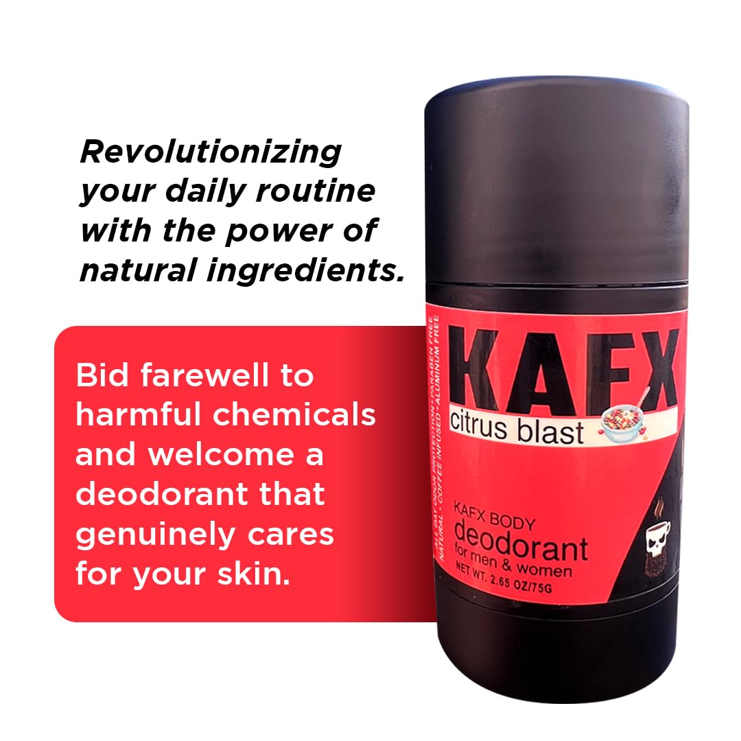 KAFX Body Citrus Blast Deodorant for Women and Men - Organic and Natural, Aluminum-Free, Coffee Oil-Infused for Long-Lasting Odor Protection, Single Pack, Paraben-Free, 2 Pack, 2.65 oz/75 g