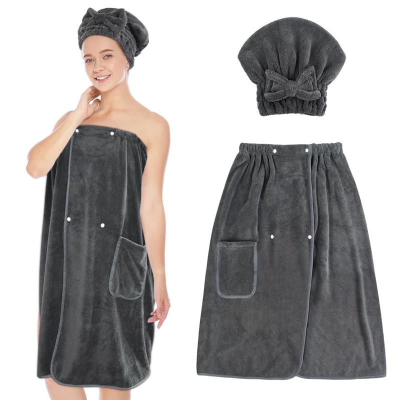 SUNLAND Microfiber Women Hair Drying Towel and Bath Towel Wrap, Adjustable Soft Body Wraps Dress with Hair Towels, Super Absorbent to Quick Drying 32 Inch x 60 Inch Dark Grey