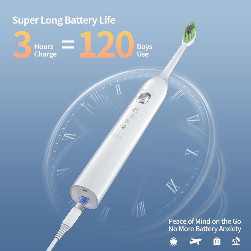 Electric Toothbrush for Adults, 42000 VPM Deep Clean Sonic Toothbrush with 6 Brush Heads, 4 Modes, 120-Day Battery Life, IPX7 Waterproof Rechargeable Toothbrushes Built-in Smart Timer (White)