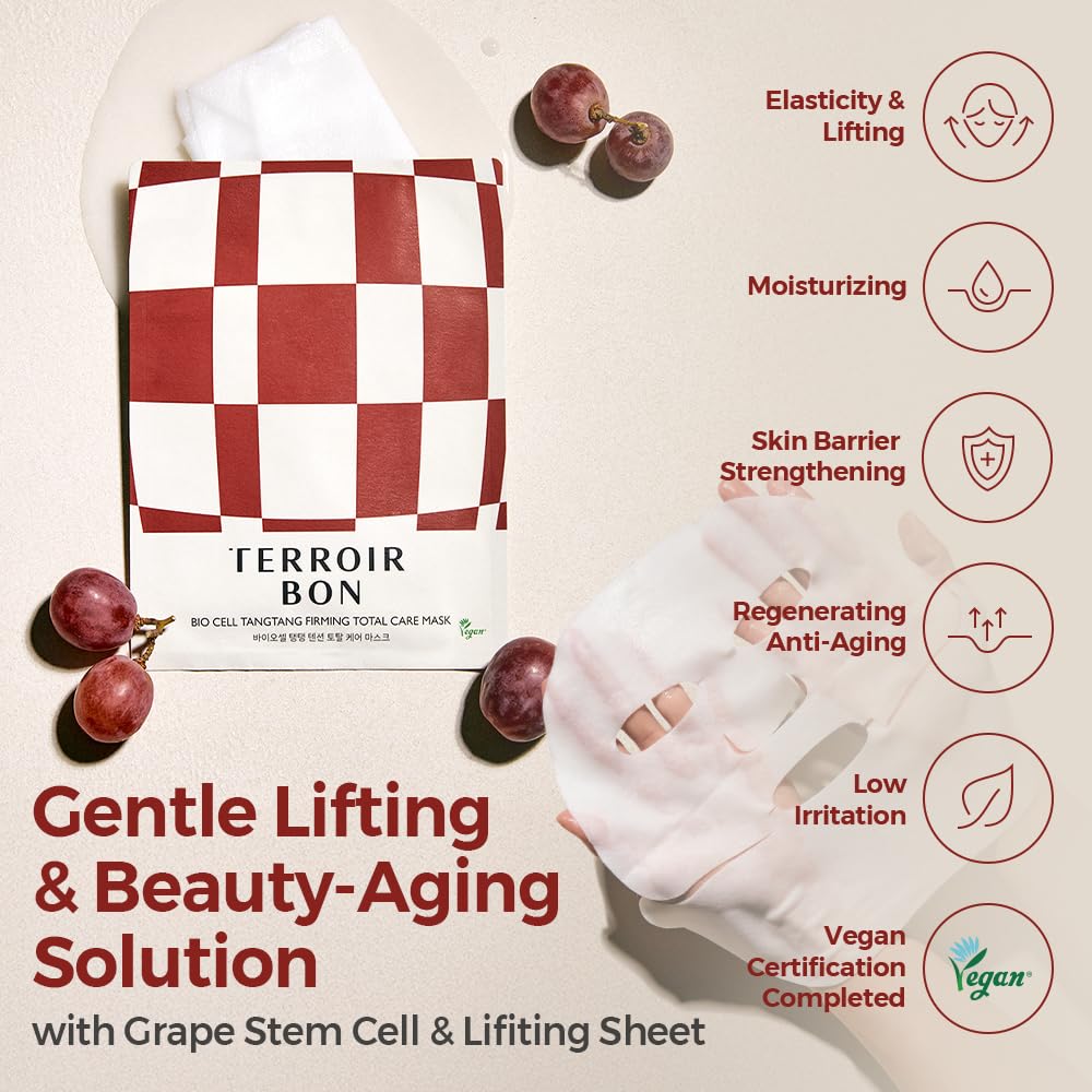 TerroirBon Vegan BioCell TangTang Firming Total Care Mask for Sensitive Skin–Jawline Lifting, Elasticity Hydrating, Elasticity, Plumping, Grape Stem Cell Sheet Mask | Korean Skincare, 1.28 fl ozx4ea