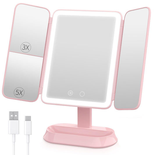 FRANO Rechargeable Trifold Makeup Mirror with Lights, 1X/3X/5X Magnification, Cordless 3-Color LED Vanity Mirror for Travel & Desk, Up to 20H Use, Ideal Gift for Women & Teens - Pink
