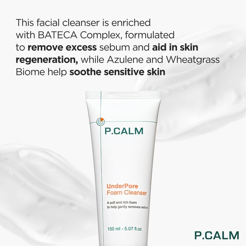 P.CALM Underpore Foam Cleanser | Azulene for Deep Pore Cleansing, Gentle Oil Control, Mild & Non-Irritating for Sensitive Skin, Foaming Facial Wash | Korean Vegan Skincare, 150ml / 5.07 fl. oz