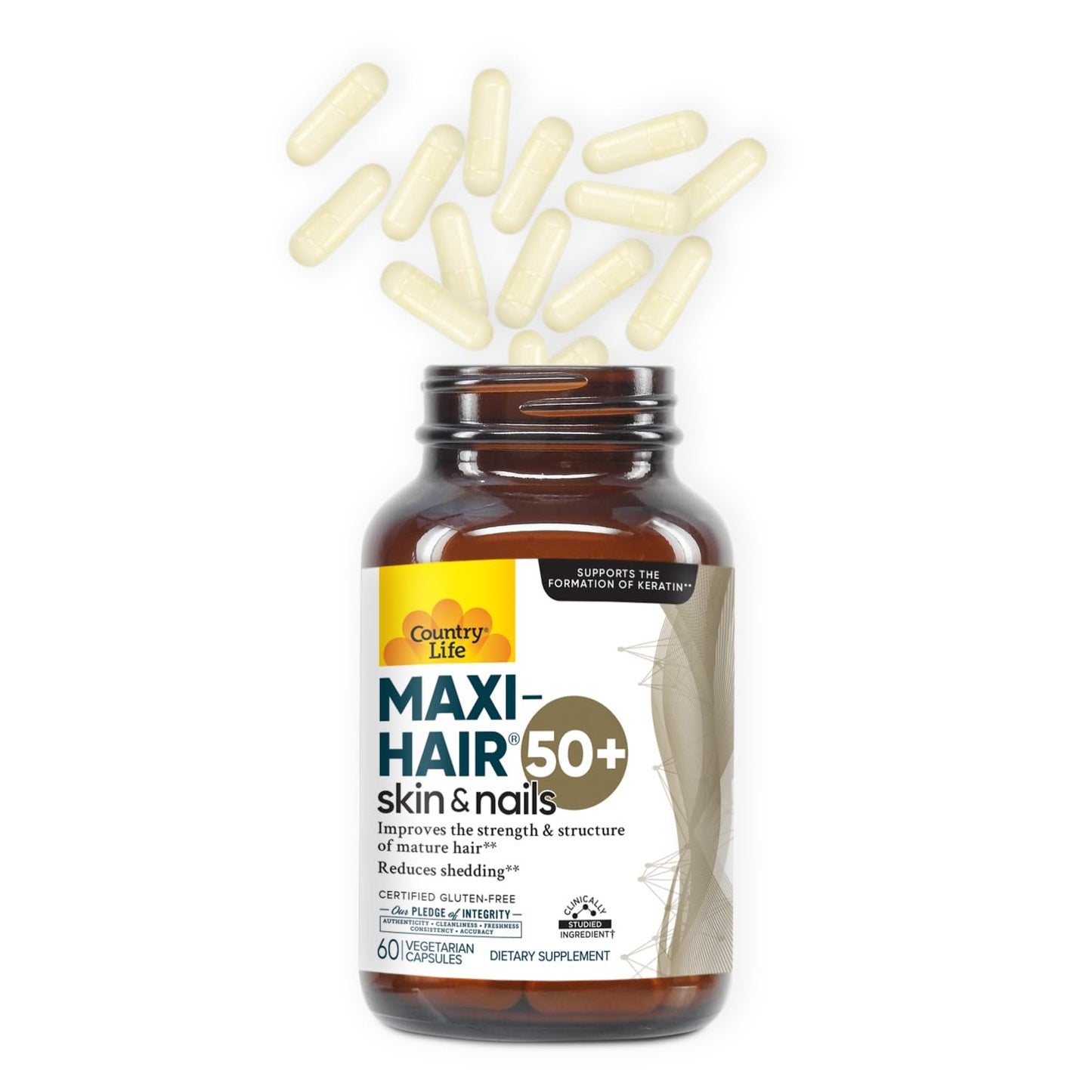 Country Life Maxi-Hair 50+ – Biotin-Based Hair, Skin & Nails Supplement for Women & Men Over 50 | Supports Healthy Hair Growth & Reduced Shedding | Certified Gluten-Free & Vegetarian | 60 Capsules