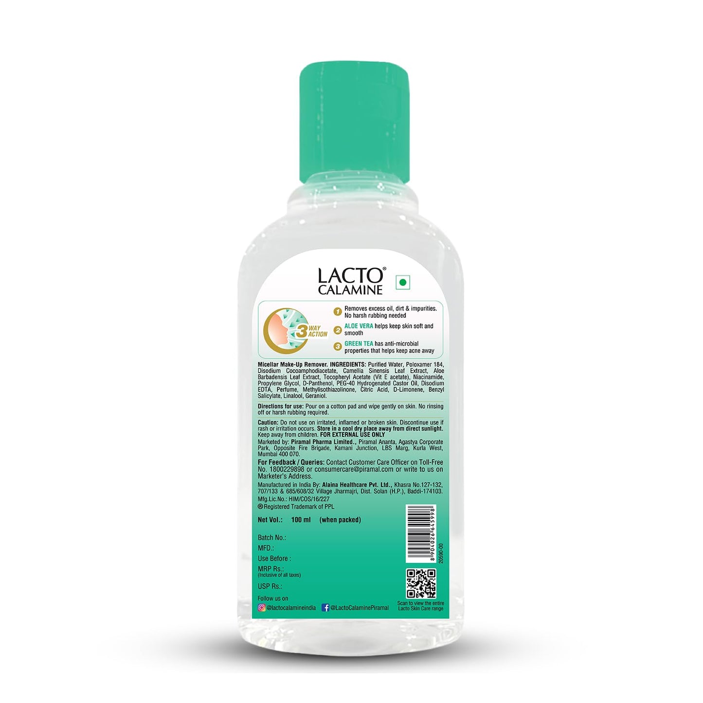 Lacto Calamine Micellar Water Makeup Remover with Aloe Vera, Green Tea and Niacinamide – 3.38 fl oz (100 ml)