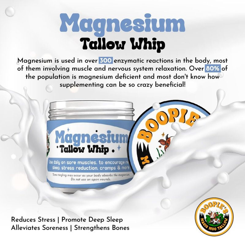 Magic Moo Magnesium Whipped Tallow Skincare for sore muscles, sleep, muscle and period cramps, stress, relaxation & more. Topical magnesium that works.