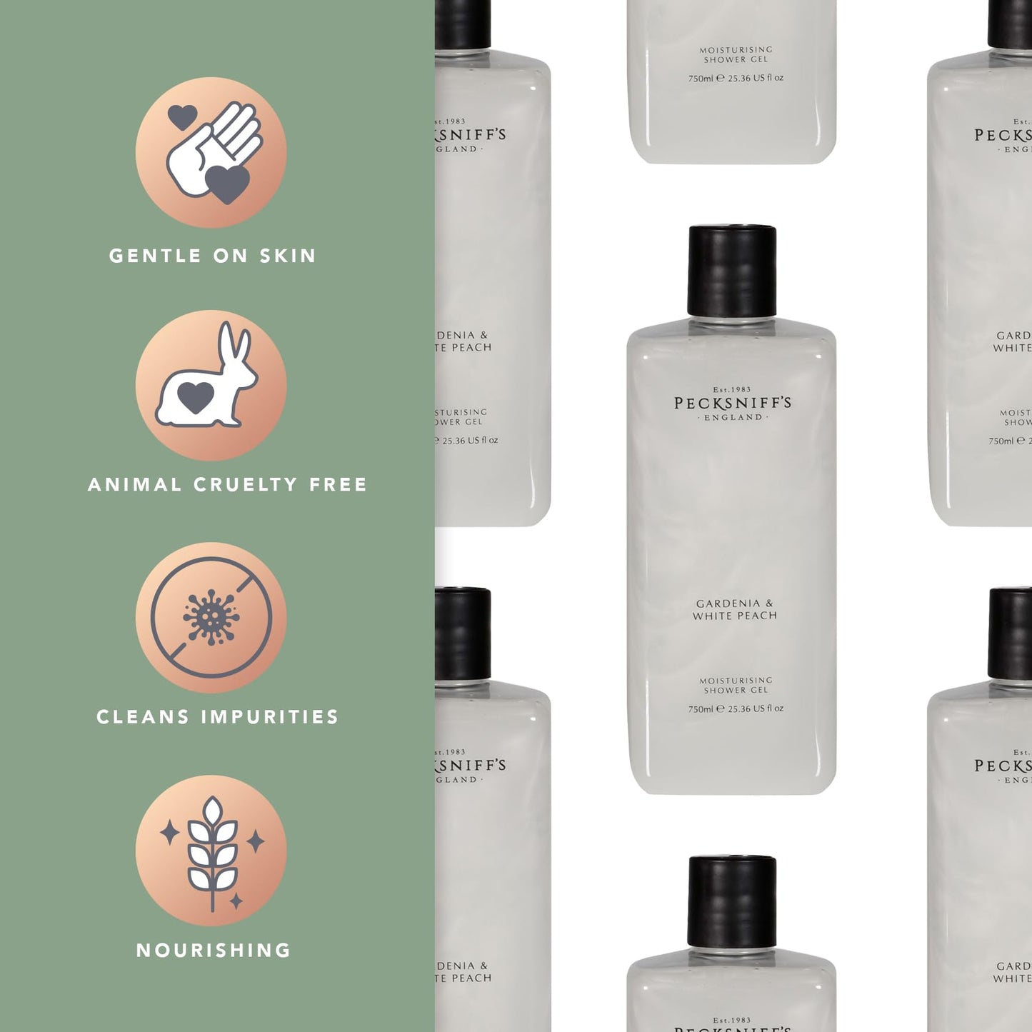 Pecksniff's Gardenia & White Peach Moisturizing Shower Gel | 750ml / 25.36 Fl Oz