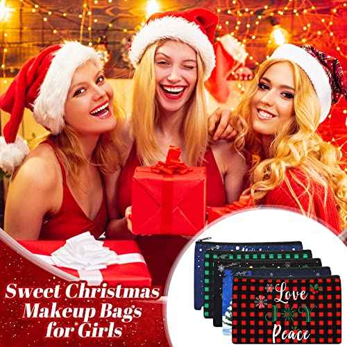 Saintrygo 30 Pieces Christmas Gift Makeup Bags Plaid Cosmetics Bag Merry Christmas and Santa Goodie Bags with Snowman, Reindeer, Multicolor