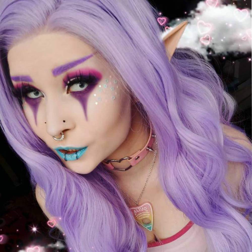 Lilac Purple Lace Front Wigs for Women Soft Wavy Lavender Hair Wig Natural Hairline Realistic Mix Color Long Purple Glueless Synthetic Heat Resistant Fiber Hair Drag Queen Cosplay 24Inch