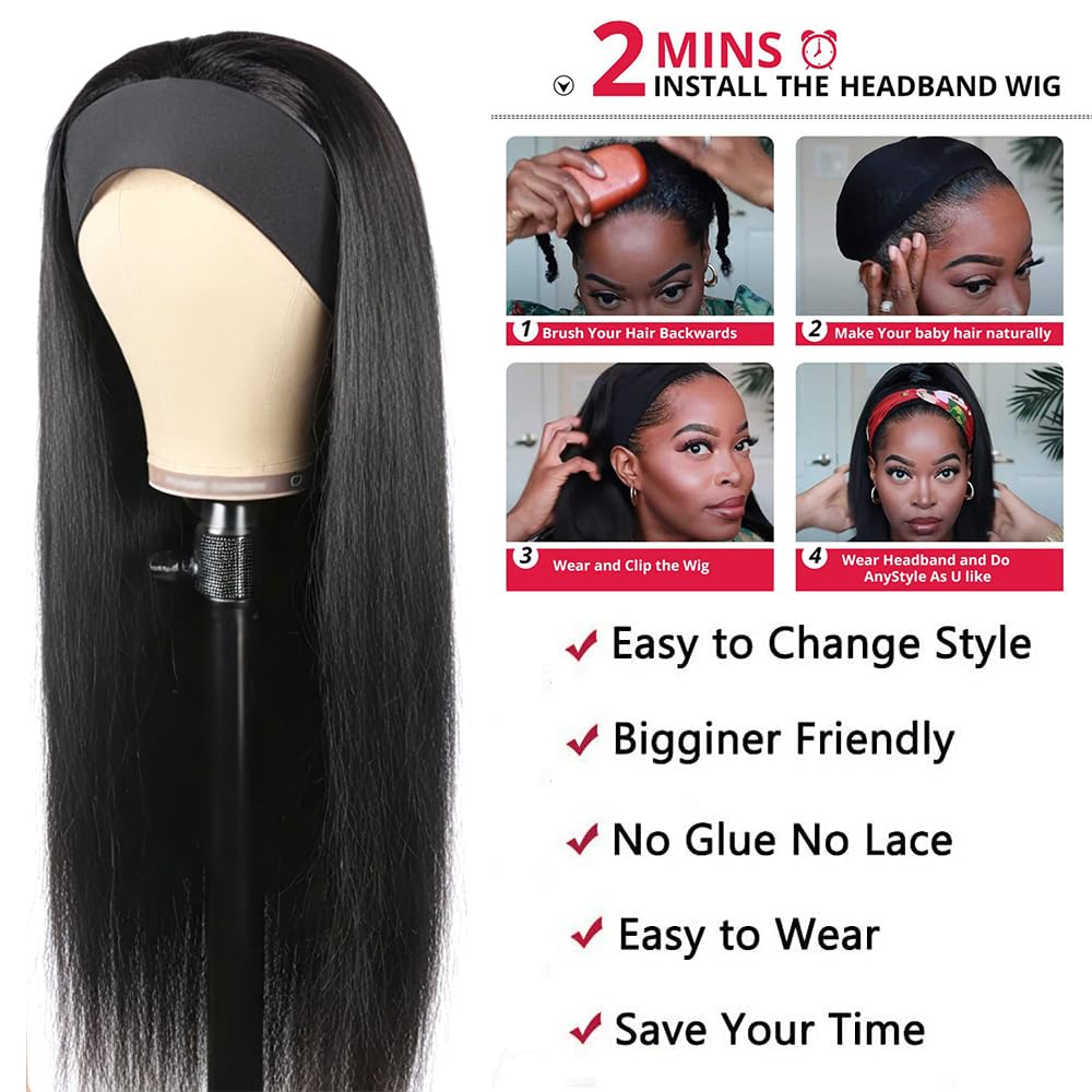 Unvizossa Headband Wig Human Hair Straight 18 Inch Headband Wigs for Black Women Glueless None Lace Front Wig Brazilian Virgin Human Hair Wigs Natural Color 150% Density