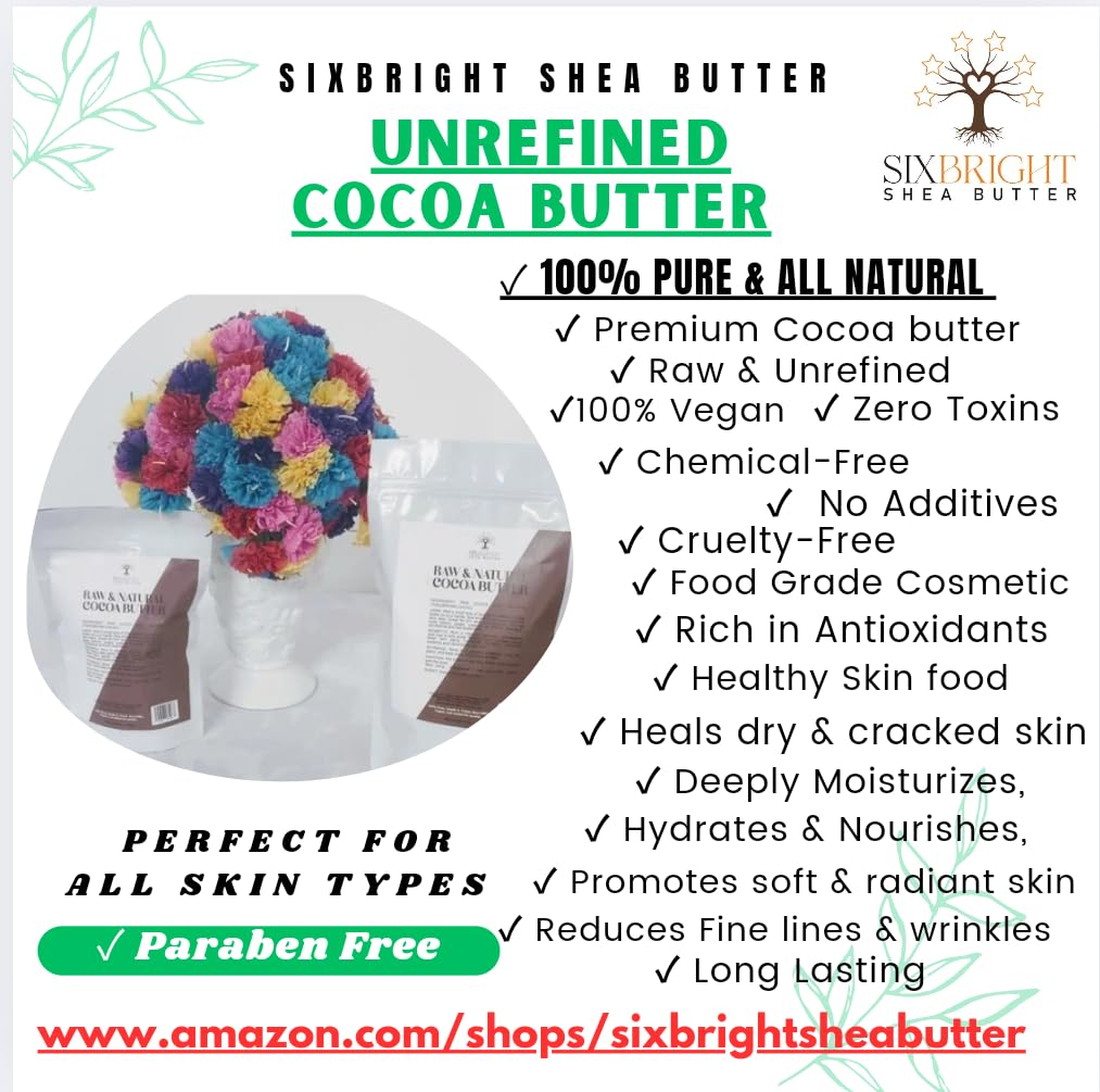 Sixbright Unrefined Cocoa Butter –16 oz | 100% Pure, Food Grade- Natural Moisturizer for Dry Skin, Fades Stretch Marks & Scars ,For Skin, Hair, DIYs. Chocolate Aroma